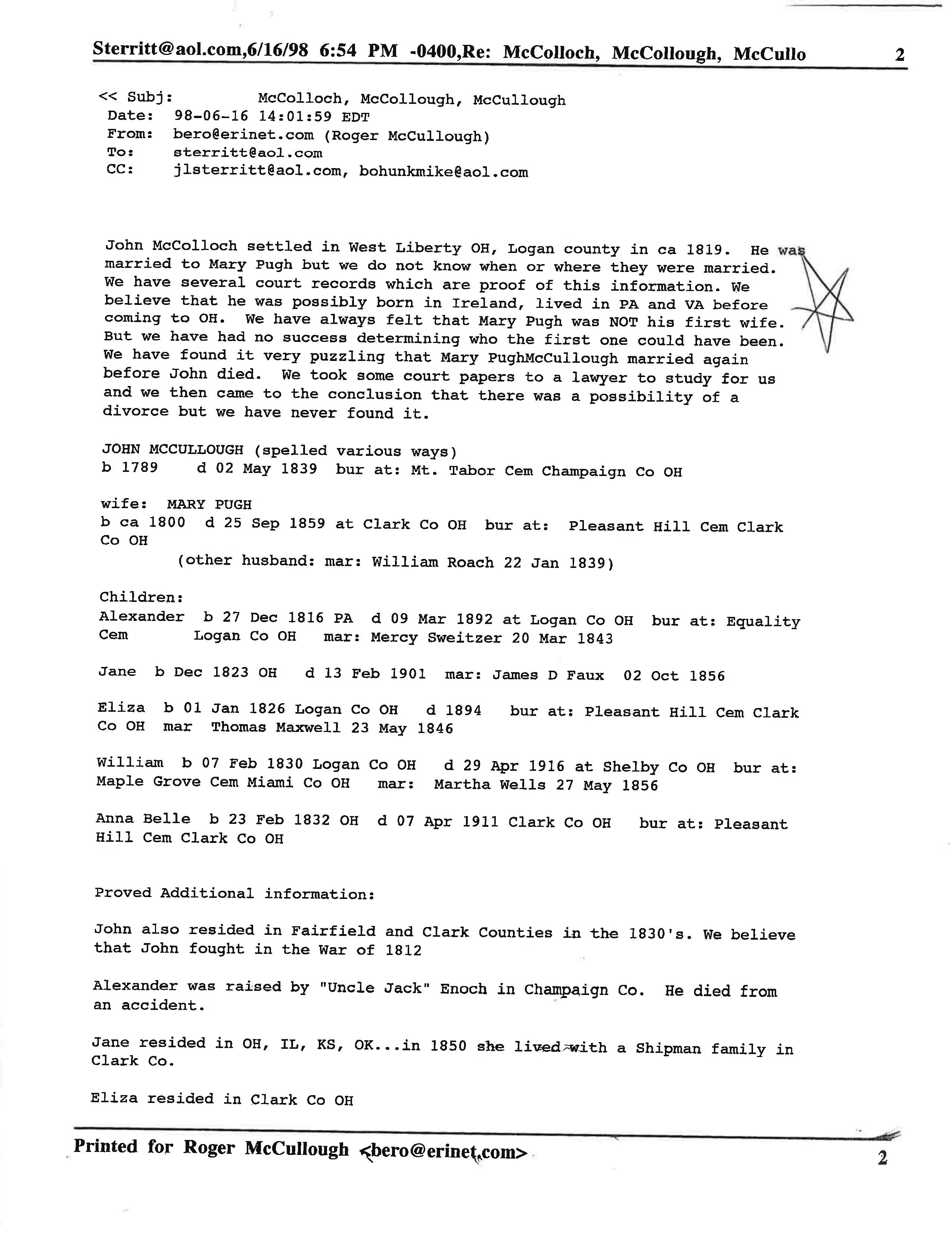 Roger's 1998 AOL email about McColloch family research