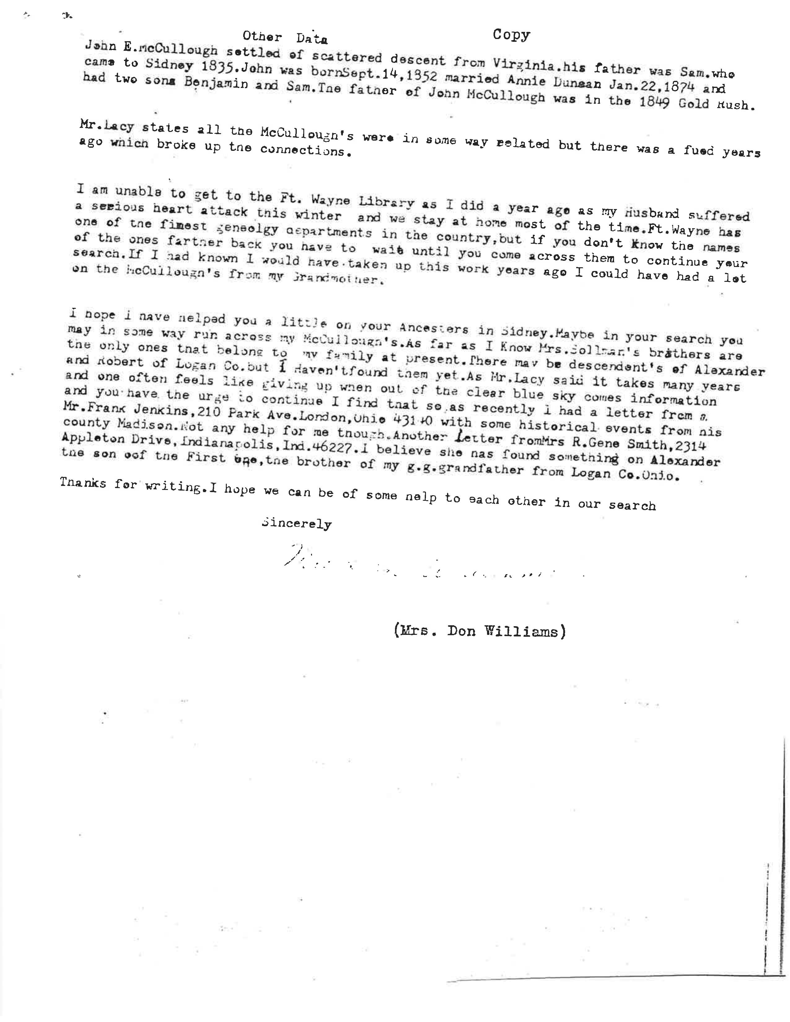 Research letter from Mrs. Donald Williams, 1969