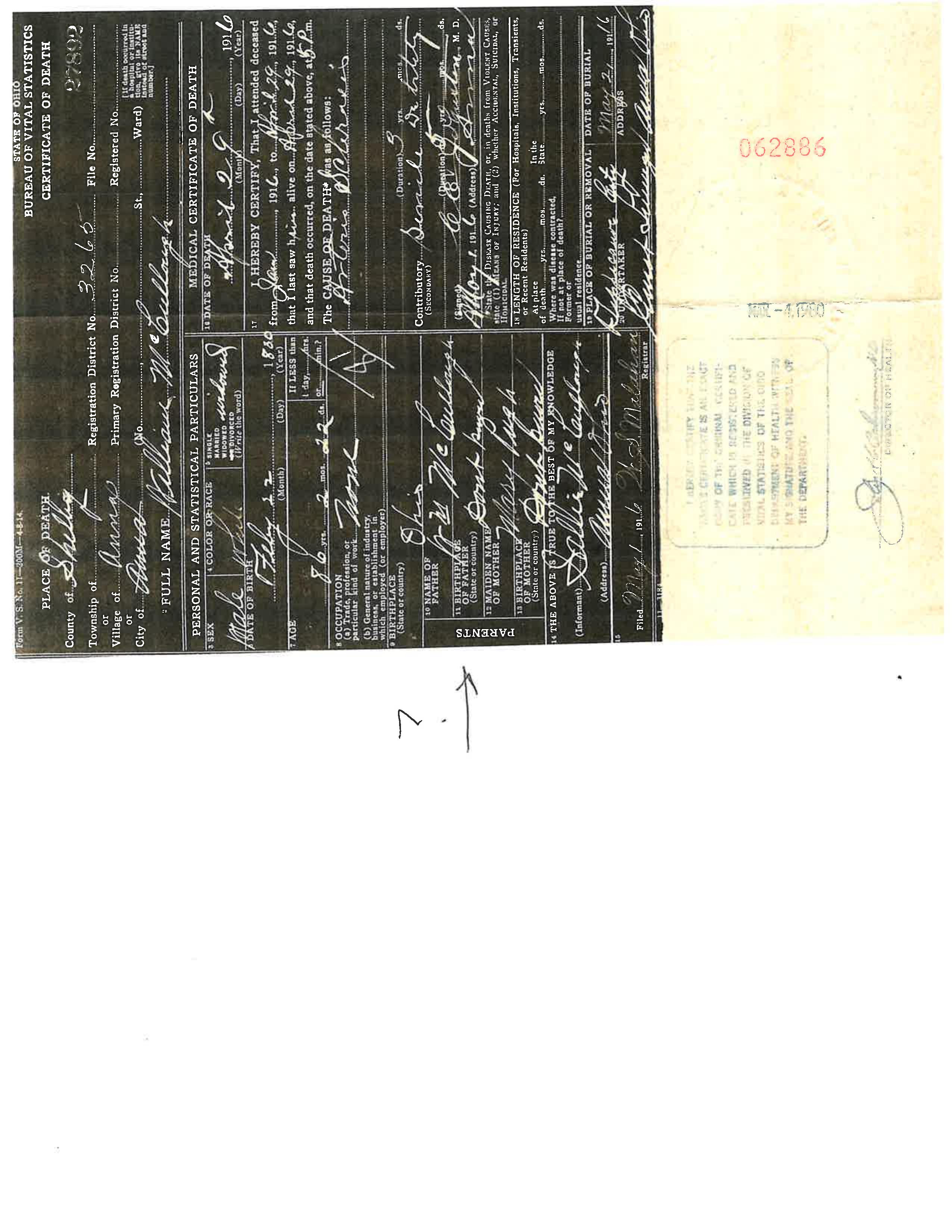 William McCullough death certificate, 1916